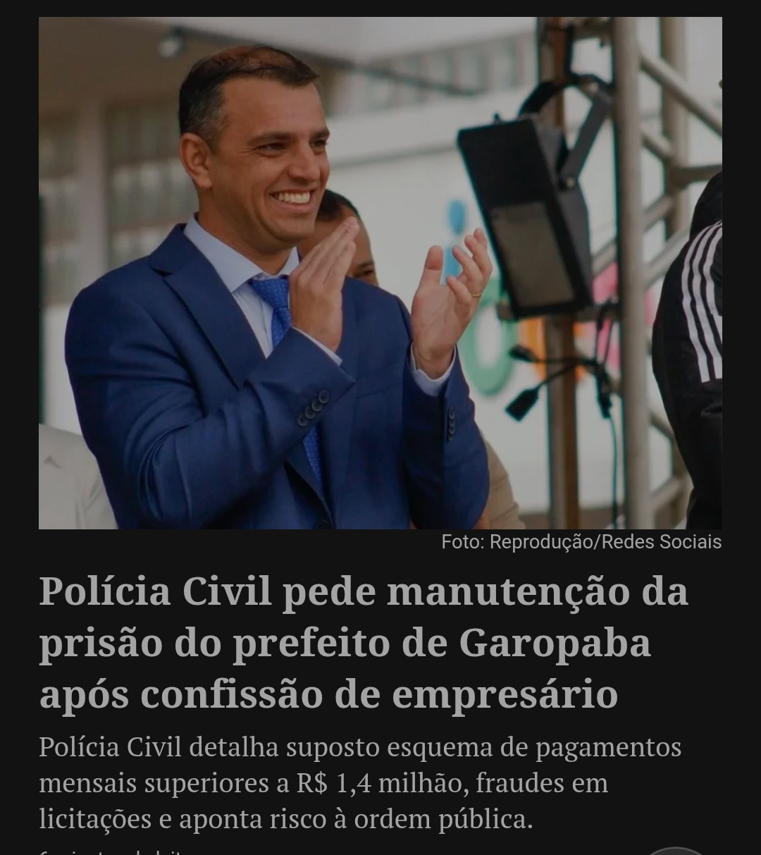A Polícia Civil de Santa Catarina solicitou ao Tribunal de Justiça a manutenção da prisão preventiva do prefeito de Garopaba, Junior de Abreu Bento, após a confissão do empresário Joaquim da Silva Pacheco